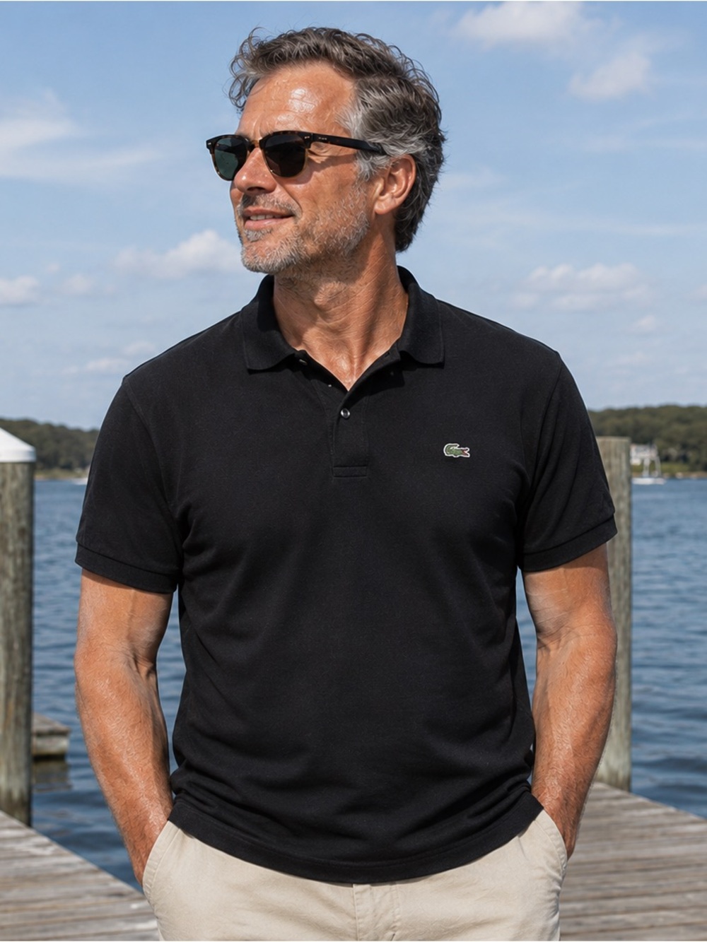 LACOSTE BLACK POLO SHIRT, CLASSIC CROCODILE LOGO, LARGE, UNISEX